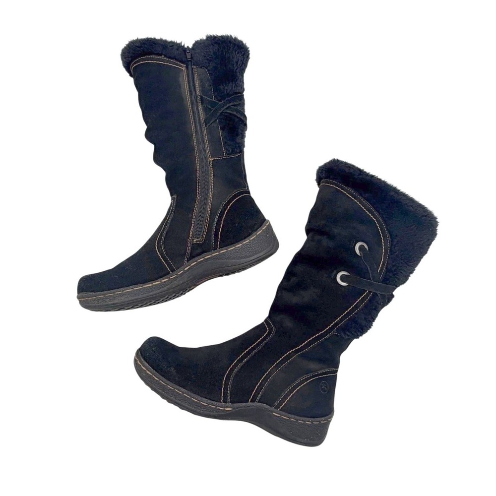 Bare Traps Womens 7 Black Suede Leather Faux Fur Tall Boots Zip Y2K Boho Cozy